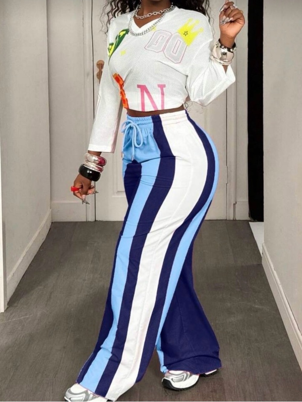 Lightweight Jersey and Colorblock Wide-Leg Track Pants - Two Piece Set- New - Picture 2 of 2